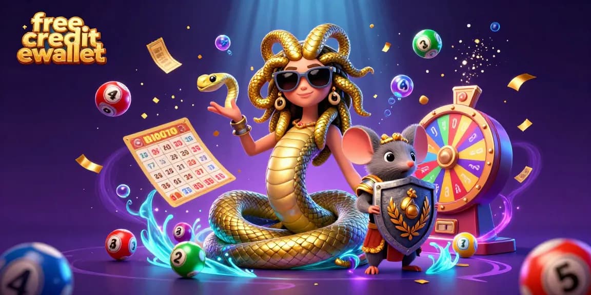 Engage with free credit ewallet opportunities in a vibrant lottery-themed 3D illustration.