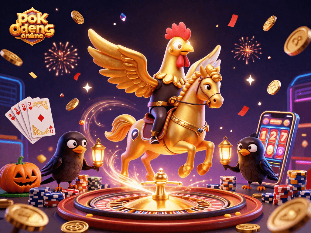 Win big with pok deng online as a vibrant golden rooster leads the midnight casino adventure.