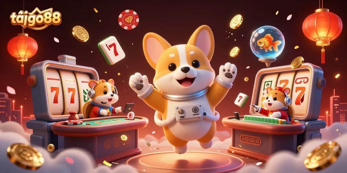 Join the fun at tải go88 with a playful corgi astronaut in a vibrant casino-themed scene.