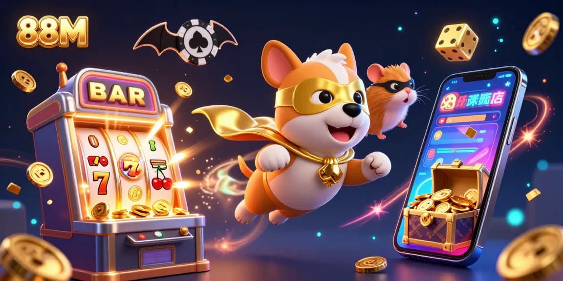 88M showcases a superhero dog flying with gold coins amidst a colorful casino jackpot explosion.