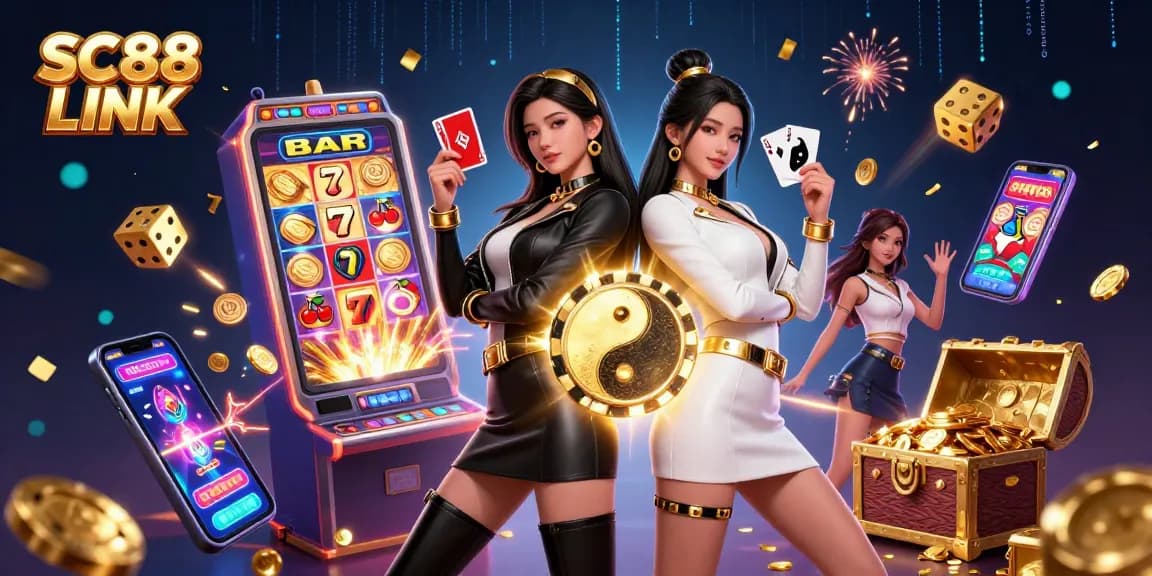 Experience SC88 LINK with vibrant twin characters in a dynamic casino scene showcasing excitement and winning.