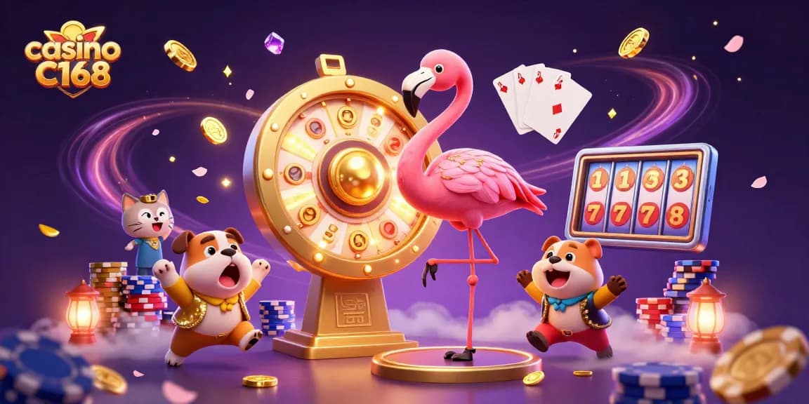 Spin to win at casino C168 with an exciting game show scene filled with prizes and vibrant effects