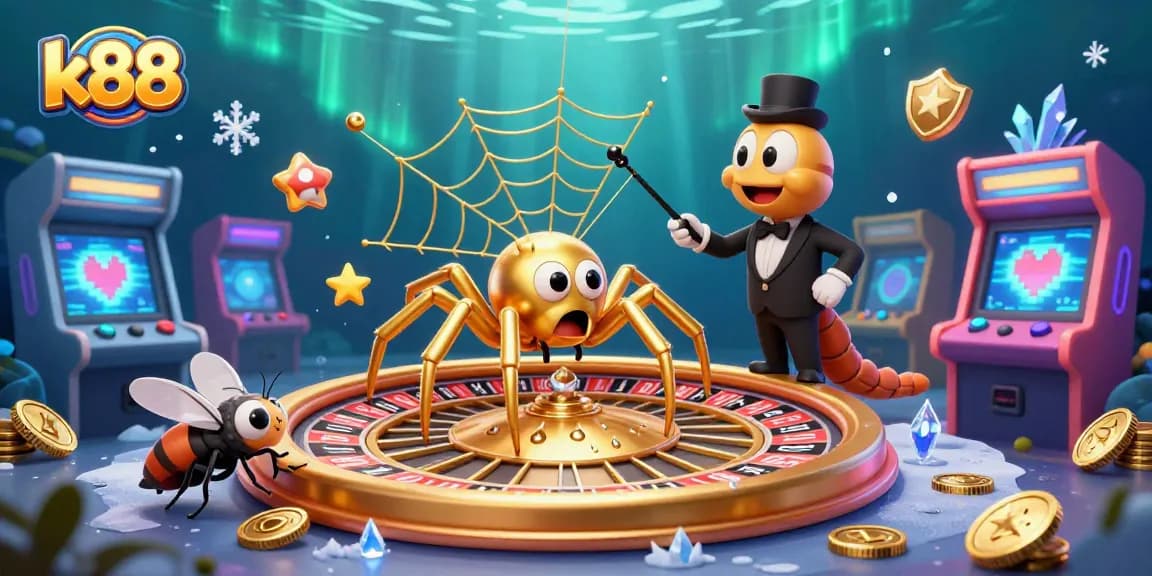 Engage with the k88 casino experience featuring a golden spider creating a roulette wheel web.