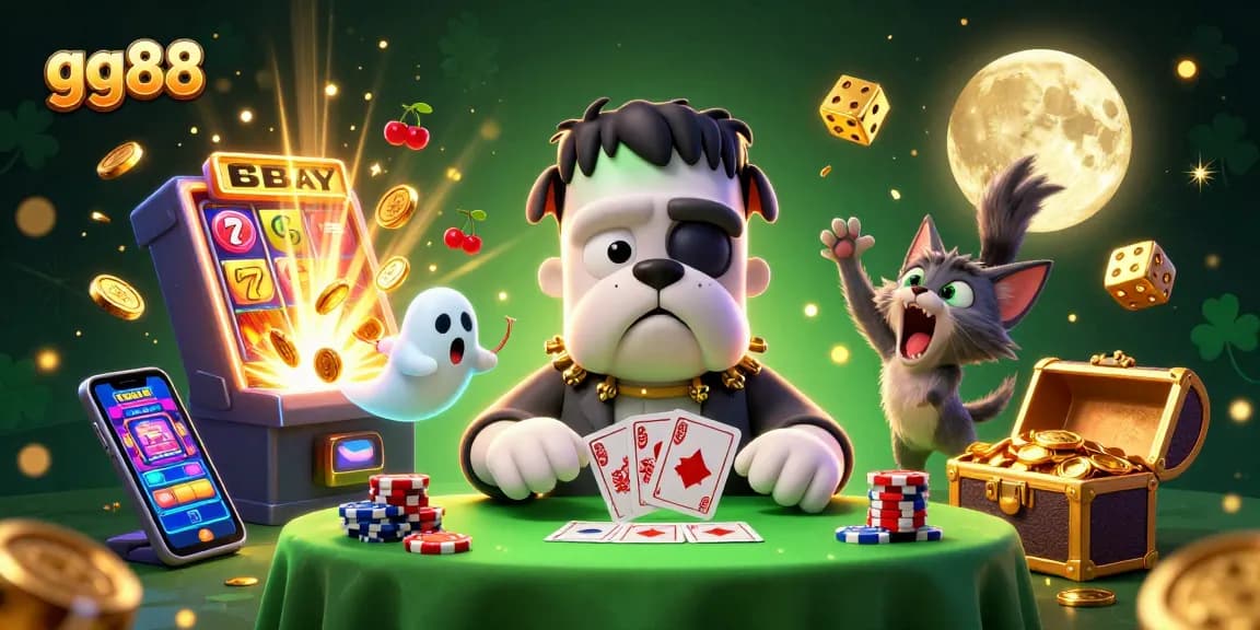 Experience excitement at gg88 with a 3D cartoon of a bulldog dealing cards surrounded by vibrant casino elements.