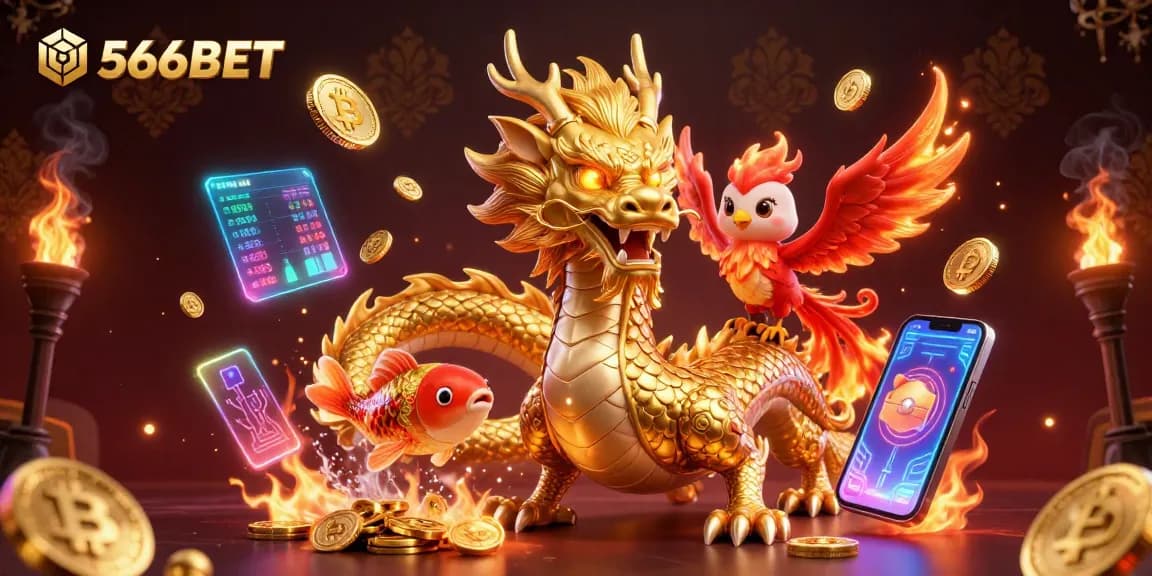 Engage with captivating 566BET gaming adventure featuring dynamic 3D dragon, phoenix, and koi fish.