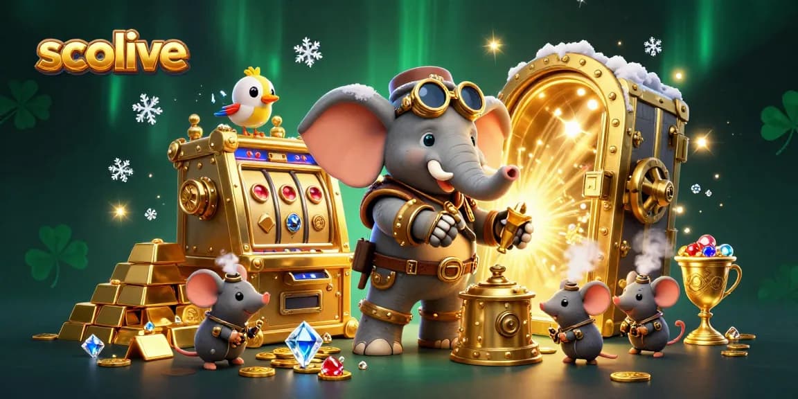 Socolive offers exciting live betting experiences with a steampunk elephant at a dynamic slot machine, surrounded by treasures.
