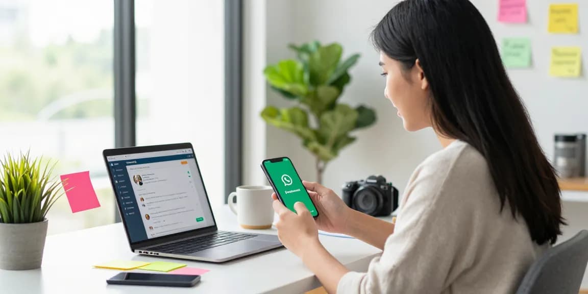 WhatsApp下載 app interface displayed on a smartphone in a modern workspace with a young woman exploring download options.