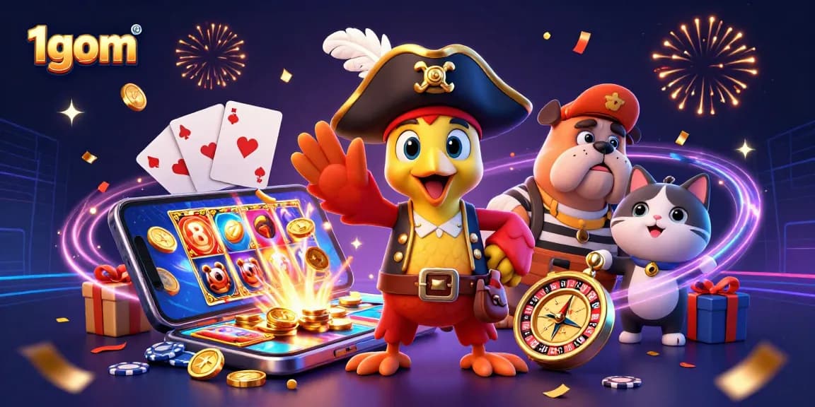 Engage with thrilling 1gom slot games as colorful coins and cards explode in action.