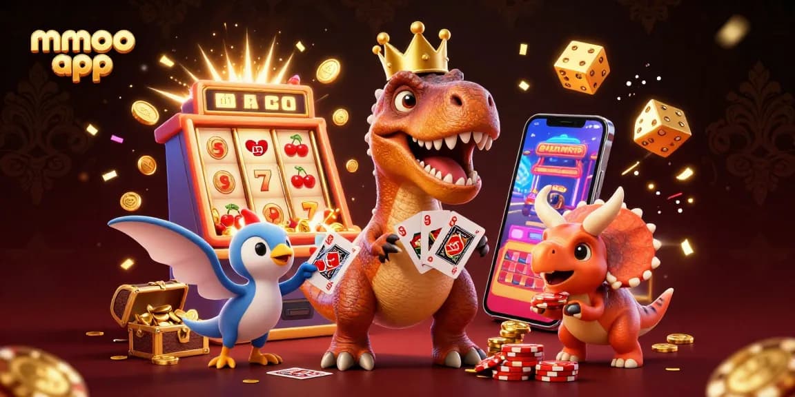 Engage in excitement with the mmoo app featuring a 3D dinosaur-themed casino scene.