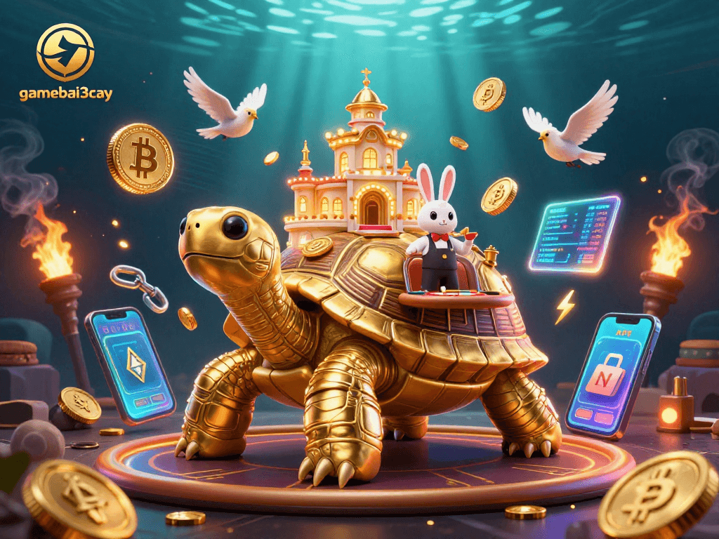 Join the excitement at gamebai3cay with a vibrant 3D illustration of a casino-themed tortoise and crypto elements.