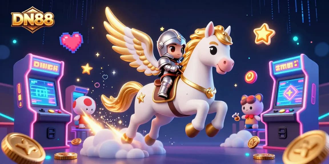 Engage with DN88's thrilling gaming experience featuring vibrant arcade elements and a mystical scene.