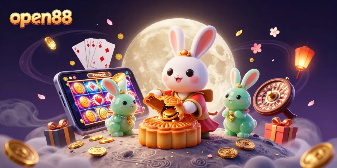 Open88 showcases an enchanting 3D scene with a moon rabbit and casino elements illuminating an exciting gaming atmosphere.