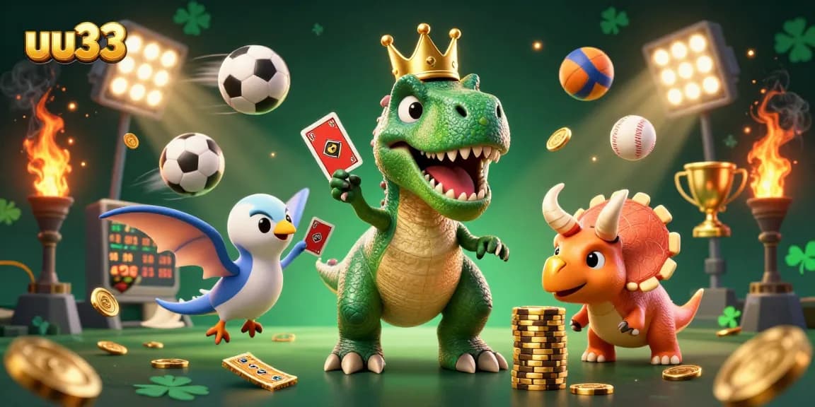 uu33 engages players with a vibrant 3D casino scene featuring a T-Rex card dealer.