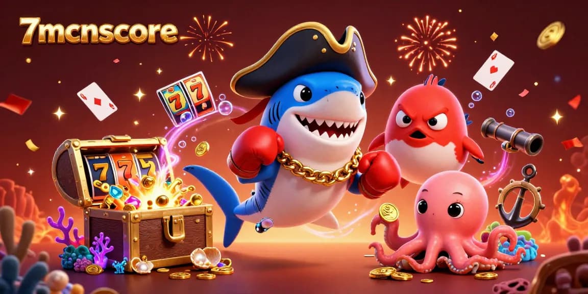 Engage in thrilling gameplay at 7mcnscore with cartoon characters enjoying slot machines and treasures!