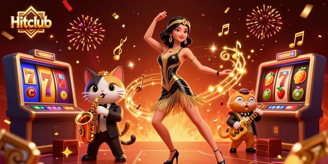Engage in excitement at Hitclub with a lively scene of gaming celebration featuring a unique blend of characters and casino elements.