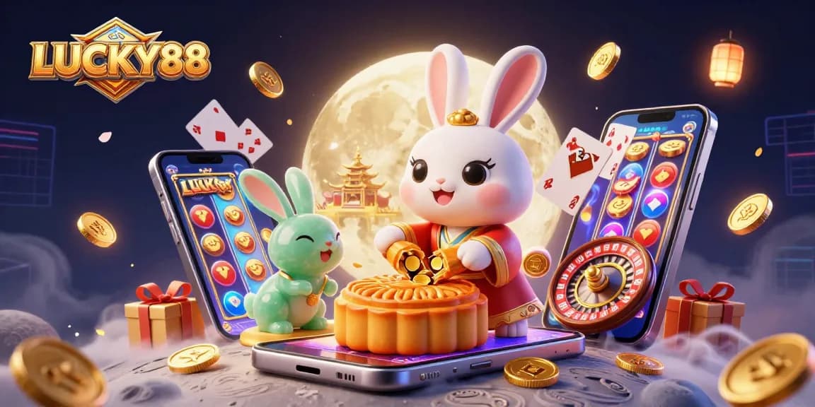 Engage with LUCKY88 visuals featuring a moon rabbit and slot game elements in a vibrant casino scene.
