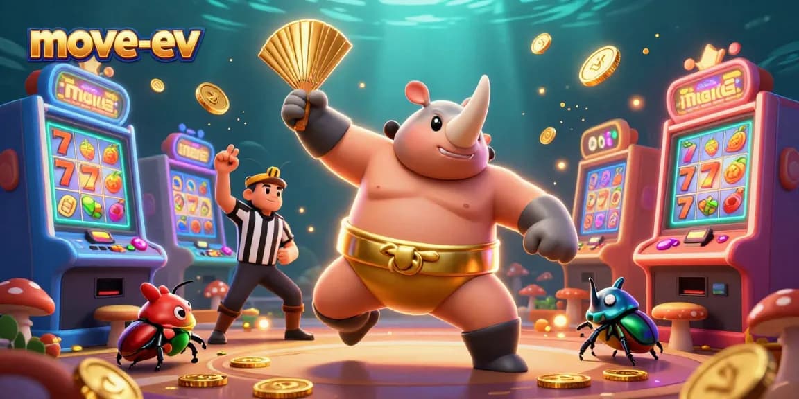 Experience the excitement of move-ev with a dynamic 3D casino scene featuring a beetle champion and slot machines.