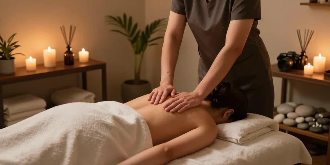 부천출장마사지 with a serene massage setting, therapist using gentle techniques on a client.