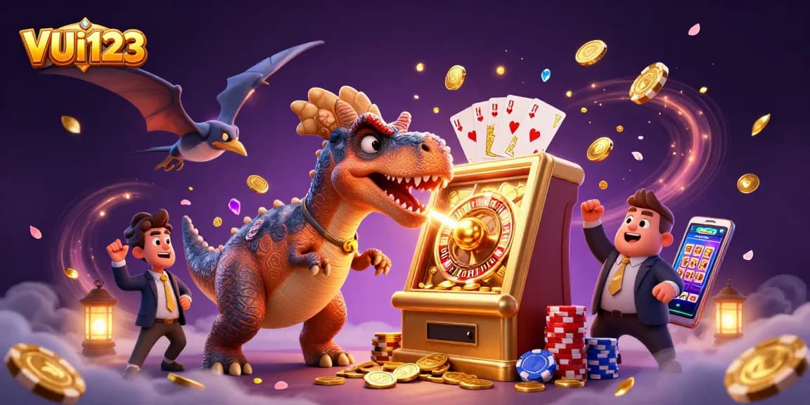 VUI123 players enjoy jackpot wins as dinosaurs engage in a thrilling 3D casino scene.