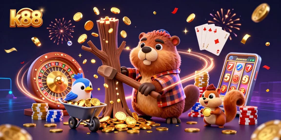 k88 showcases a lively casino scene with a beaver, bird, and squirrel celebrating winnings amidst golden coins.
