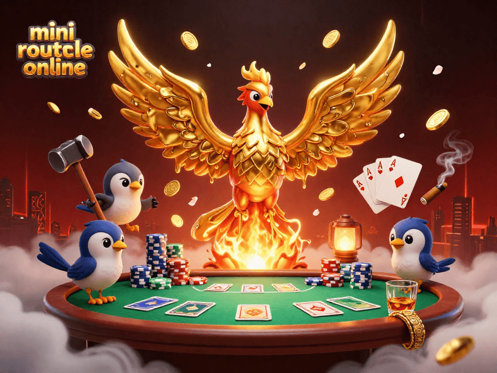 Experience exciting gameplay at mini roulette online with gold phoenix and poker elements in vibrant casino scene.