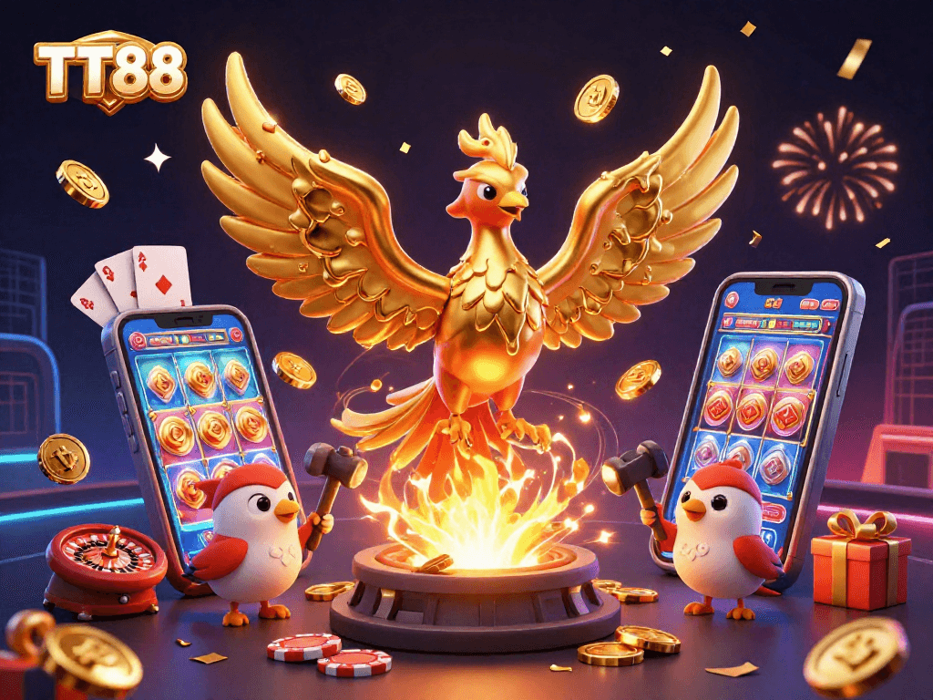 Experience the thrilling gaming universe of TT88 with vibrant phoenix and gold coins.