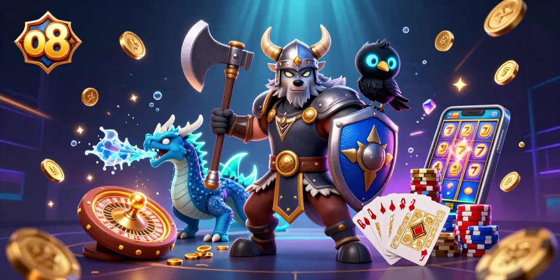 Experience the thrill at o8 with a Viking wolf warrior and dragon amidst golden jackpots.