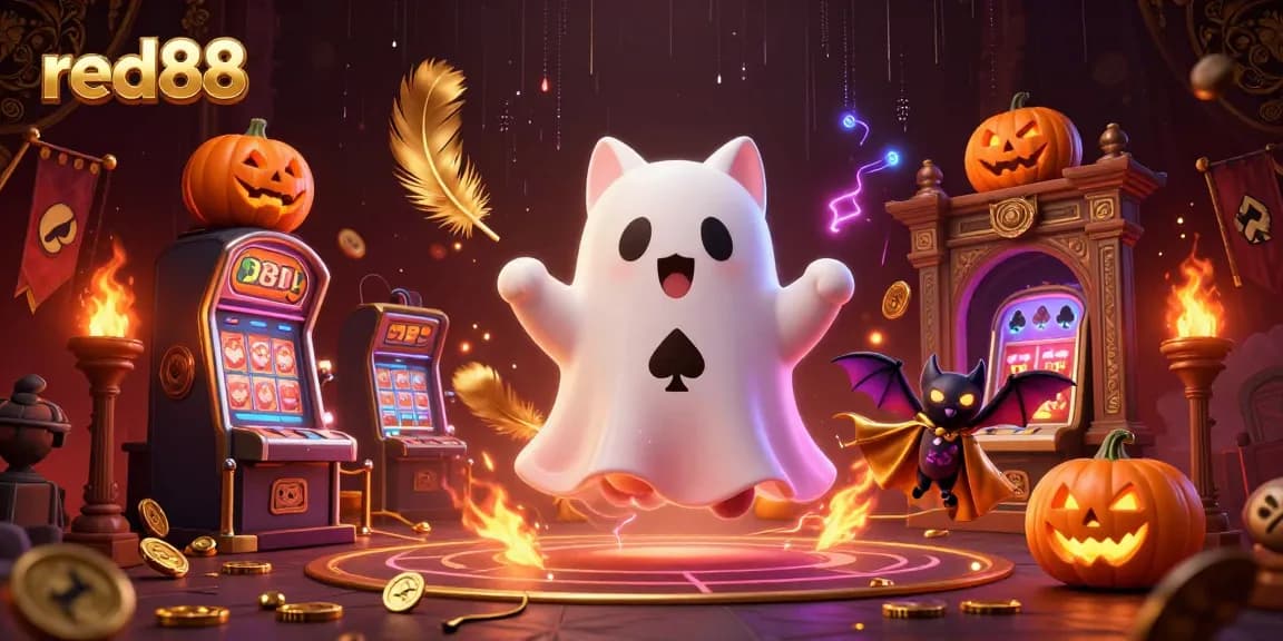 Experience the thrilling ambiance of red88 casino with a ghost cat and vampire bat illustration.