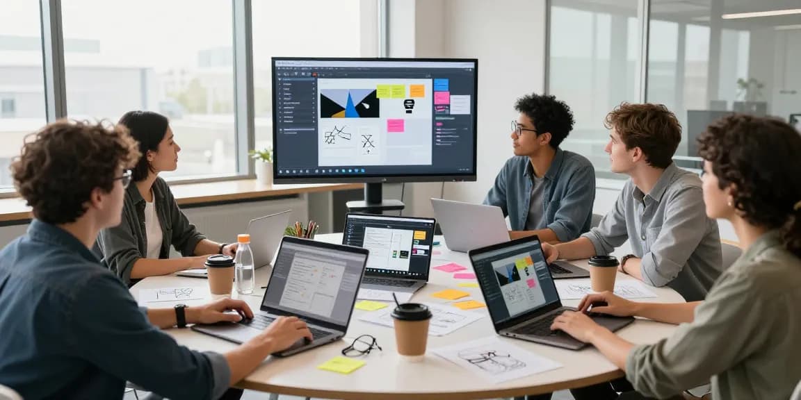 Creative team using a mix board for collaboration in a modern workspace.