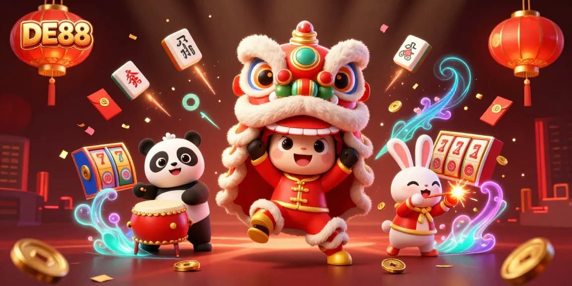 Experience thrilling gameplay with DE88's vibrant casino scene featuring lion dance and festive decorations.