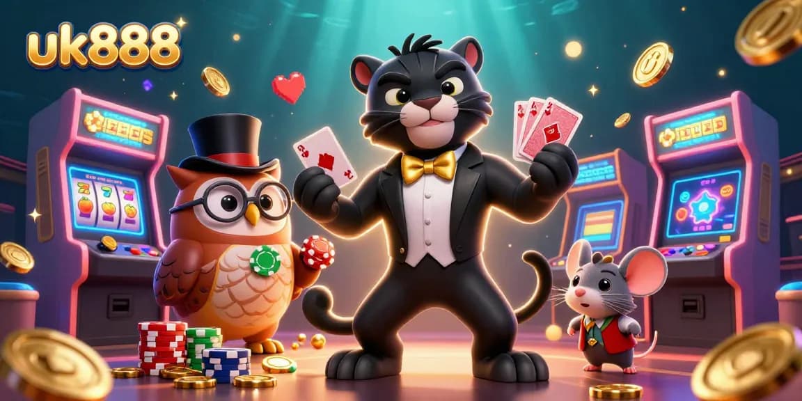 uk888 offers an engaging casino scene with a tuxedo-clad panther dealing cards and playful characters.