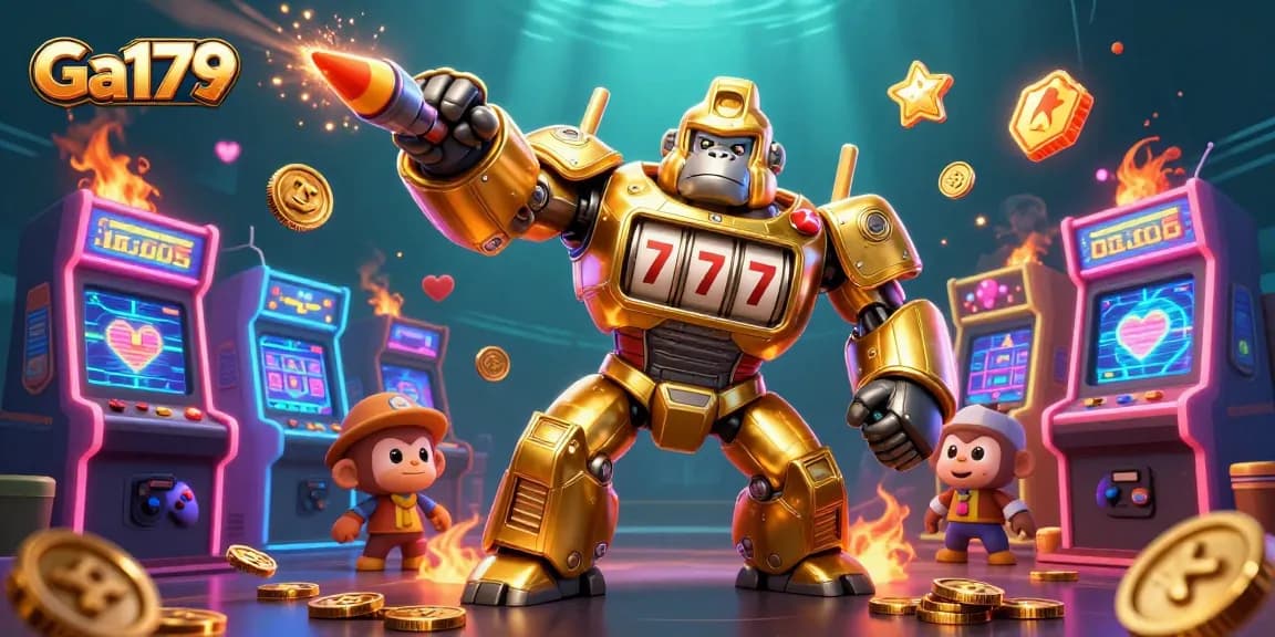 Engage in thrilling gaming at Ga179, featuring a golden mech and vibrant arcade elements.