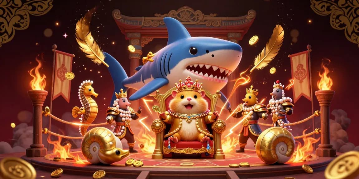 Engage with the thrilling world of tải hit club through this vivid 3D illustration of a hamster king and aquatic guardians in an enriched casino battle atmosphere.