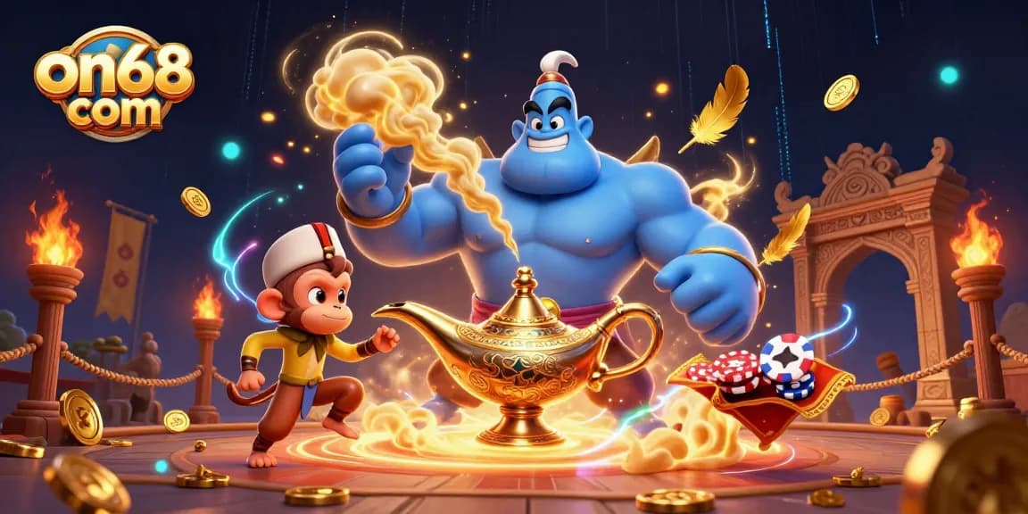 Experience thrilling wins at on68 com with a cartoon genie and poker chips, illustrating an exciting casino adventure.