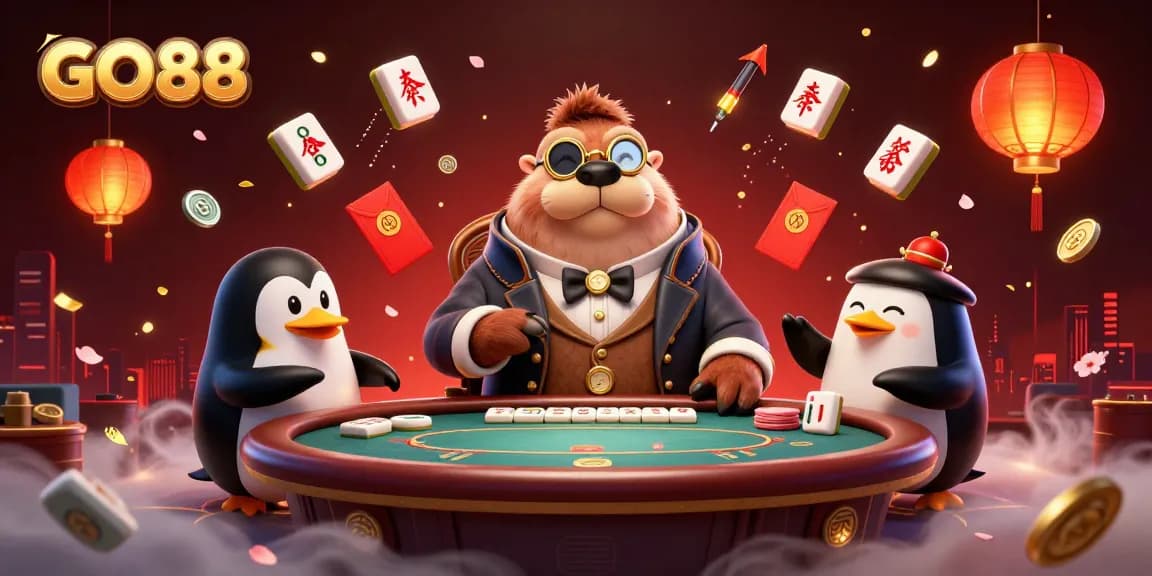 GO88 players enjoy poker in a vibrant underwater casino scene with lively characters and rich elements.