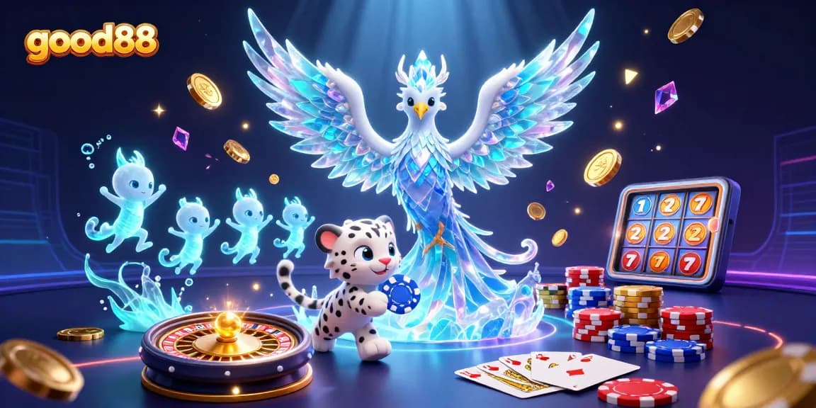 Engage with good88's thrilling experience as glowing ice sprites dance among a colorful casino scene.
