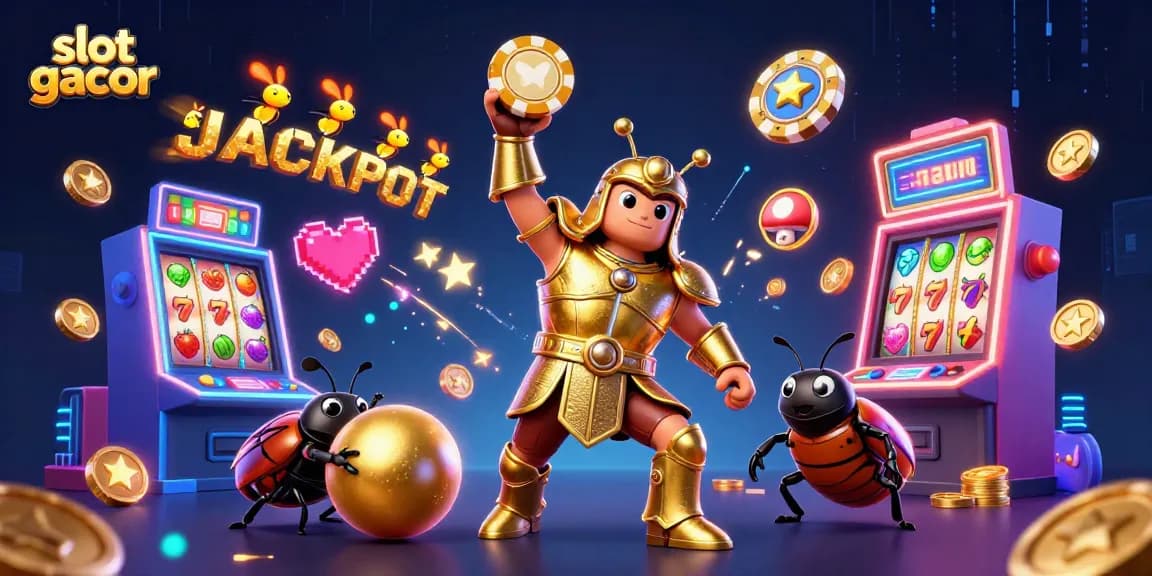 Experience excitement with a colorful slot gacor scene featuring a gladiator beetle lifting a poker chip.