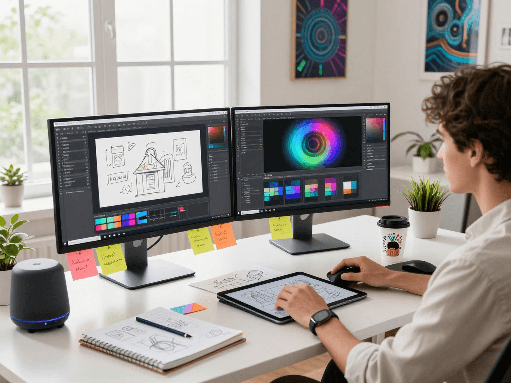 Innovative digital workspace for nsfw ai content creation with dual monitors, creative tools, and artistic elements.
