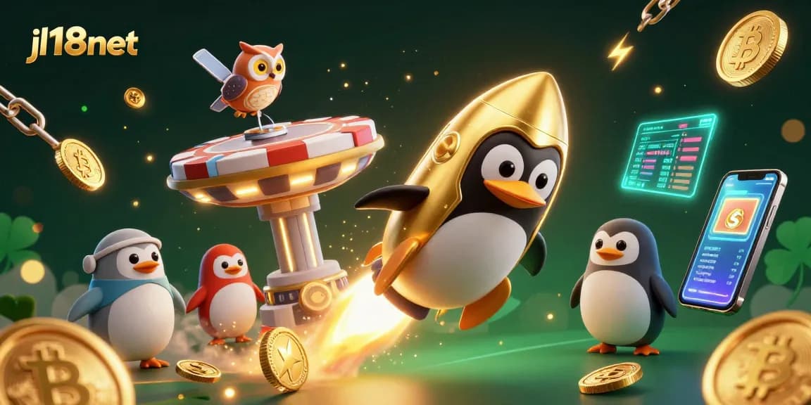 Engage with exciting gaming options at jl18net, featuring a golden penguin and crypto elements.