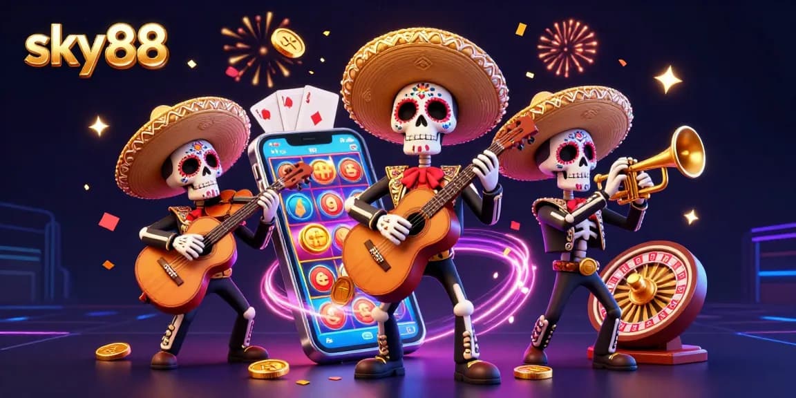 Engage with sky88's vibrant casino scene featuring colorful mariachi skeletons and slot games.