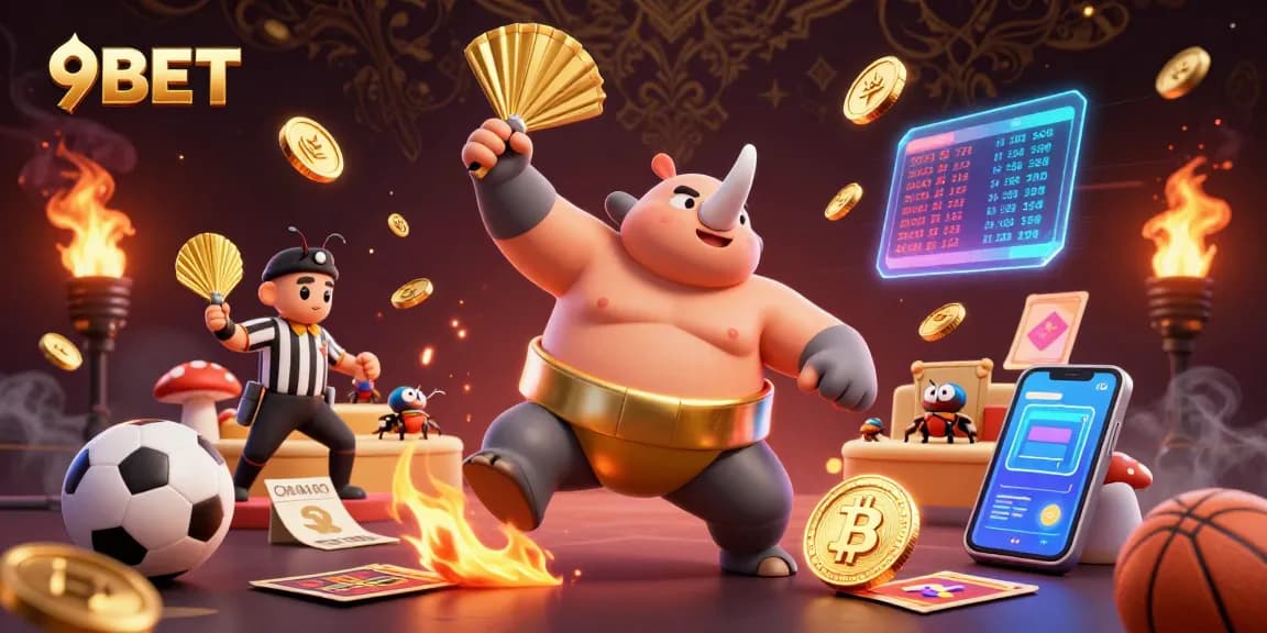 9BET sports betting illustration with a rhinoceros beetle champion and dynamic elements showcasing winning strategies.