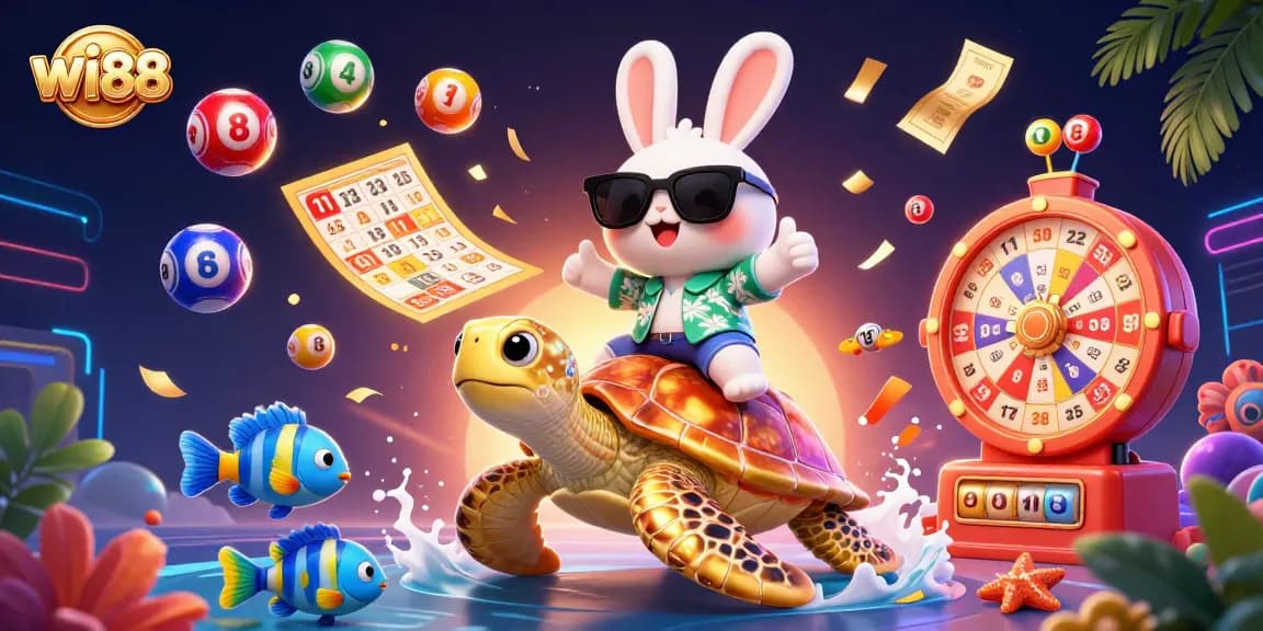 Engage in thrilling games at wi88 with a lucky rabbit and golden turtle amid vibrant gambling elements.