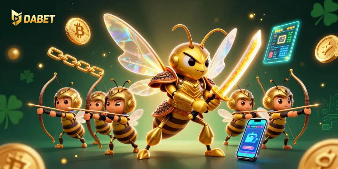 DABET engages players with a dynamic scene featuring a golden hornet samurai and bee archers amidst cryptocurrency elements.