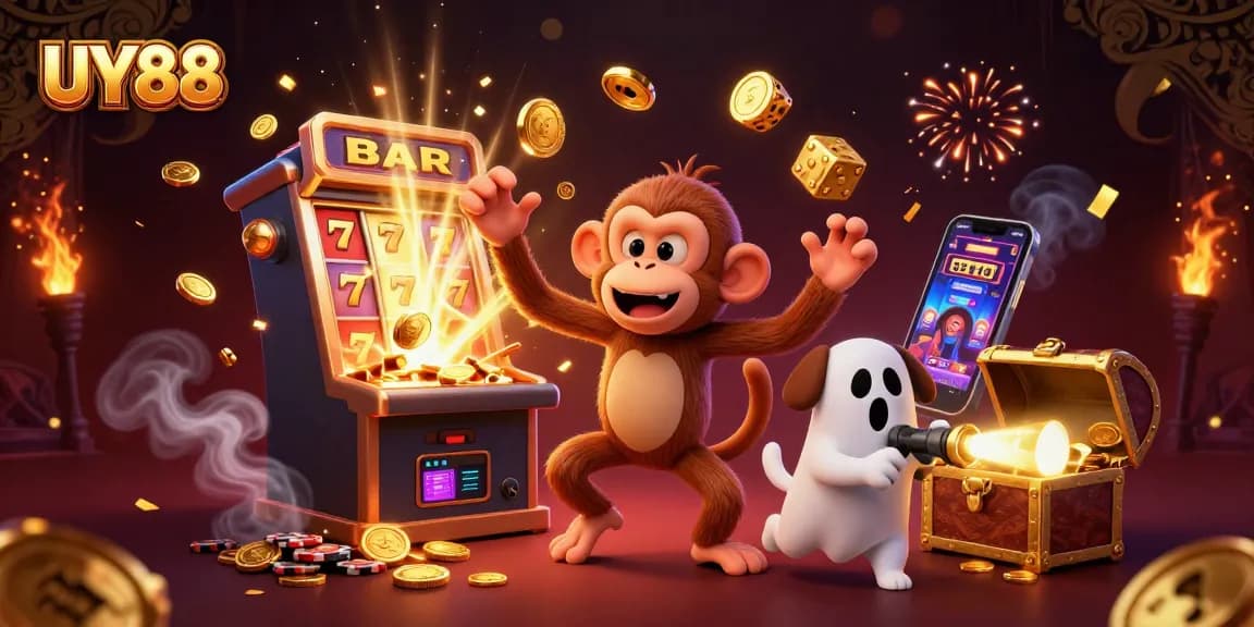 Engage in thrilling casino action with UY88 while a playful ghost-hunter puppy tracks a mischievous monkey.