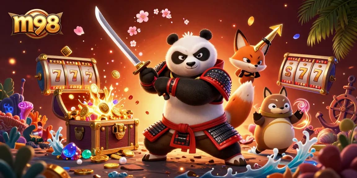 Experience the thrill with m98: vibrant samurai panda and fox enjoying engaging casino games.
