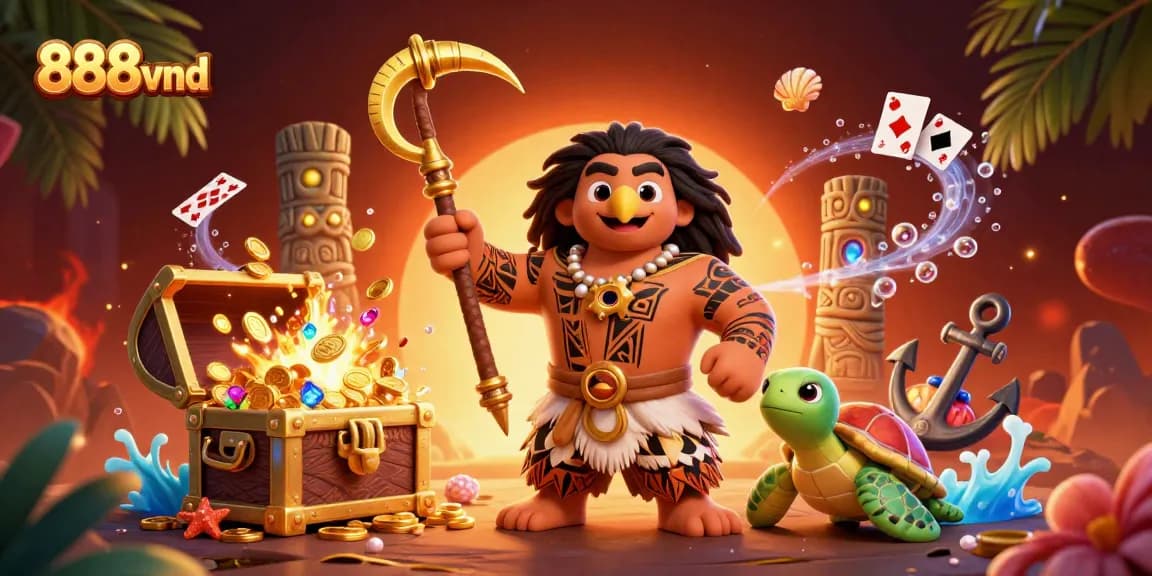 Experience thrilling fun at 888vnd with vibrant casino characters surrounded by gems, cards, and treasures.