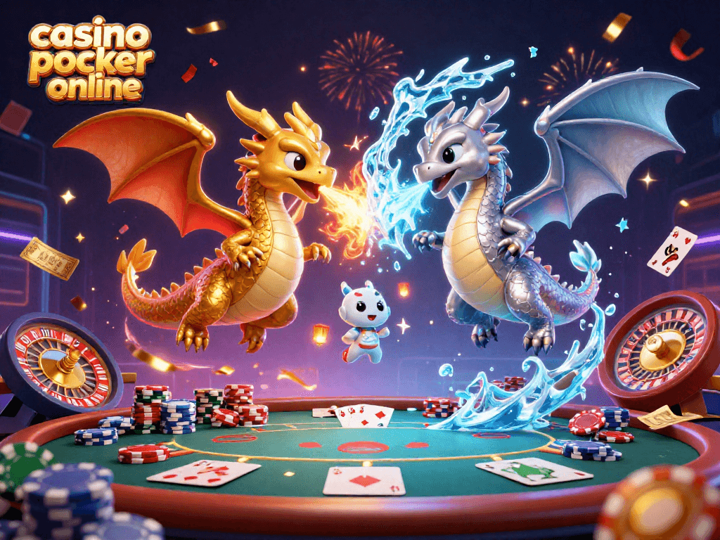 Engage in thrilling casino poker online with dynamic characters amidst colorful chips and confetti.