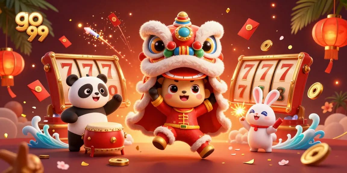 Experience the excitement of go 99 with vibrant casino-themed illustrations featuring a lion dance and festive decorations.