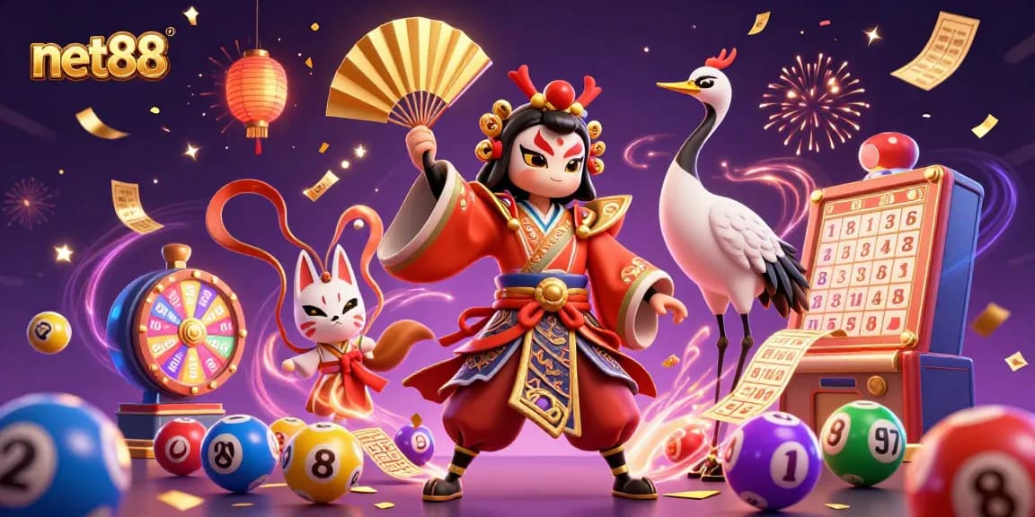 Engage with net88's vibrant gaming scene featuring kabuki warriors and lottery elements.