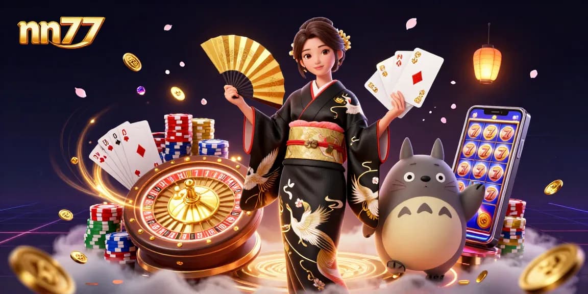 Experience winnings at nn777 with a dynamic casino scene featuring an elegant woman, tanuki, and floating elements.